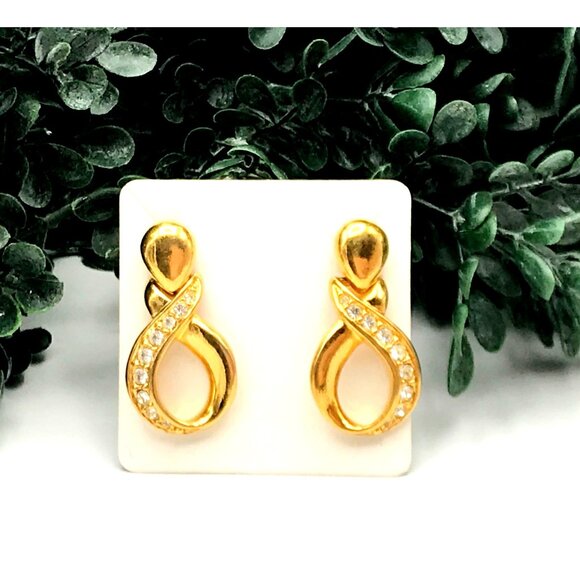 Vintage Style Gold-Tone Infinity Loop Crystal Earrings With Stud Backing & Clear - Picture 3 of 8